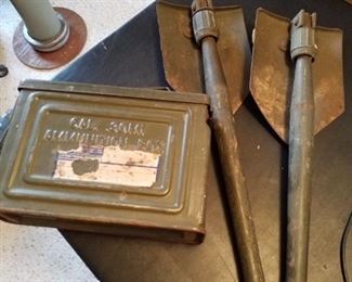 2 military folding shovels and an ammo box