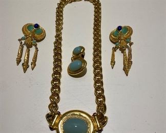 VINTAGE - Elizabeth Taylor AVON FAUX Jade Necklace, and 1 earring (we found the 2nd earing) & Elizabeth Taylor AVON - Egyptian Revival Cleopatra Phoenix Clip Earrings