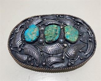VTG Native American 925 SS, Belt Buckle 3 Turquoise Stones w/ Gold braiding
