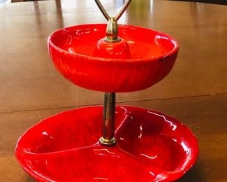 Mid century California pottery 2 tier dish in beautiful red       Register and bid online            
 http://missdonnas.hibid.com 