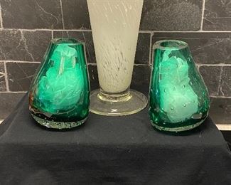 Carl Erickson Emerald Green Controlled Bubble Bookends/Vase MCM