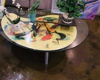 Signed Benjamin Le Art  Nouveau Kidney Shape MCM Stained Inlaid Wood Coffee Table with Glass Top