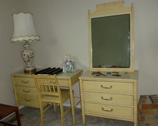 bamboo-style small chest w/mirror, desk & chair