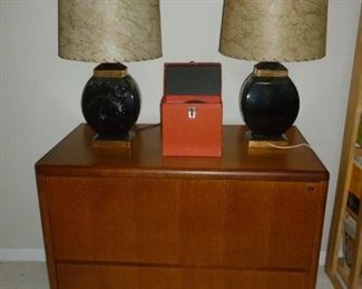 lateral wood file cabinet & mid-century lamps w/awesome shades