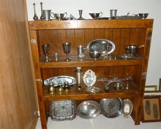 wood shelf w/silver plated items