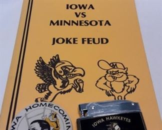 1959 Rose Bowl lighter, 1962 Iowa Hawkeyes pin, Joke book