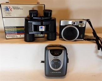 BUSHNELL 1984 Olympic binoculars, Instax camera, personal cassette radio