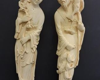 Faux Ivory hand carved Italy Asian fisherman and lady with flowers