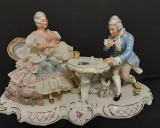 German Dresden Lace porcelain figurines with dog playing dice cards