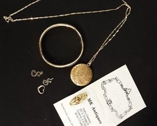 Gold chain with locket, gold charms, GF bracelet, citrine pin