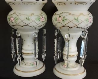 Hand painted made in Western Germany mantel vessels with cut crystal prisms