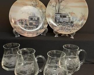 Mid Century etched glass mugs with vintage cars 2 box truck plates