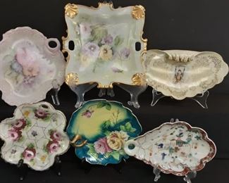 Vintage Antique hand painted dishes with handles for snacks, trinkets, decor