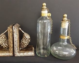 Vintage hand blown glass bottles with brass, book ends