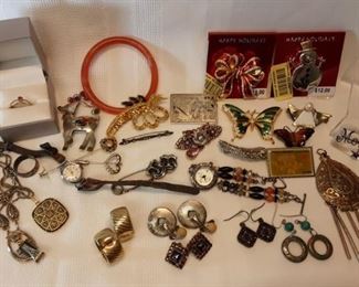 Vtg and new pins, watches, earrings, misc