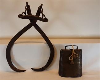 Vtg antique cow bell and ice hay log tongs with chain handle