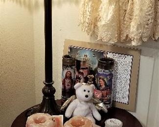 Another vintage stained glass table lamp and vintage side table.