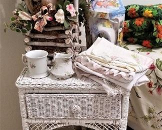 White wicker side table.