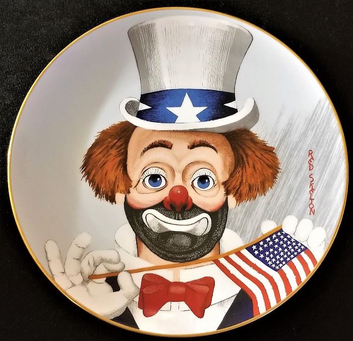 Red Skelton collectible plate depicting Uncle Sam. Red & white American Flag.