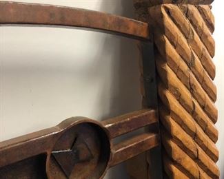 Close up of corner posts. Gorgeous wood and metal king bed. This bed is offsite. So please call to view it and/or purchase it. 480-383-3823