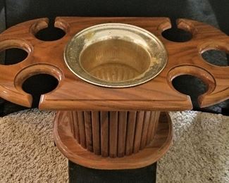 Mid-century modern bar table. Top lifts off to reveal a silver ice bucket and placement for bar glasses. Way too cool piece!