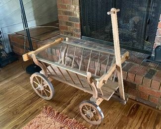 Primitive Wooden Wagon Glass Top Table