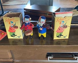 Wind Up Schuco Drum and Fiddle Playing Clowns with Original Boxes and Keys