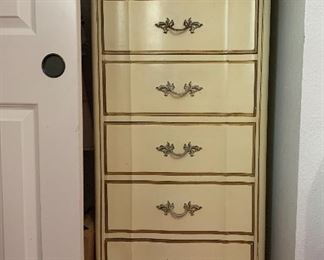 Antique narrow French Lingerie dresser. Cream colored with gold trim and leaflet pull handles. Some chips and aging. Asking $200.