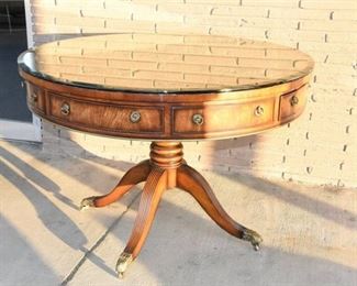 8. Georgian Style Large Leather Top Drum Table with Protective Glass Top