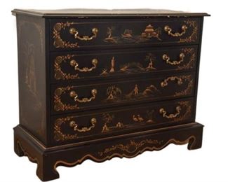 20. Black Lacquered and Chinoiserie Gilt Decorated Three Drawer Chest