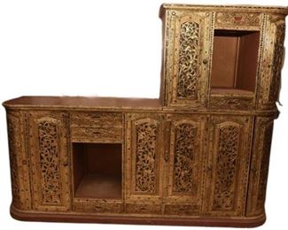 23. Elaborately and Heavily Carved Gilt and Mother of Pearl Inlaid Cabinet