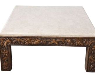 85. Large Carved Wooden Glass Top Coffee Table with African Animal Motif