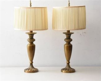 143. Pair Brass Colum Form Table Lamps with Shades