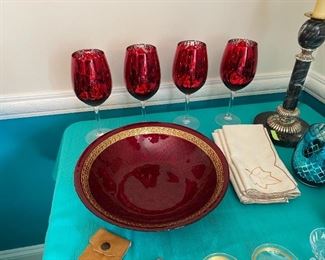 Red Stemmed Goblets & Red Bowl