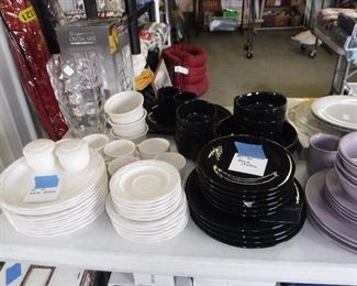 White dishes are Pfaltzgraff, black dishes are Dansk, purple dishes are Libbey