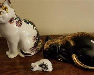 Vintage Fornasetti-Milano Made in Italy Large porcelain Cats, Handpainted flowers on sitting cat and large black cat with gold brushed accents lying down.   Small Paper Weight cat with village scenes painted on.