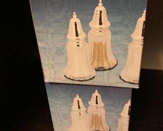Silver Plate caps on Pressed glass Salt and pepper shakers $10 / set of 4 ( 2 sets available)