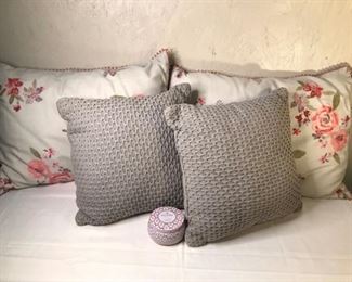 Pink and Grey Accent Pillows and Candle