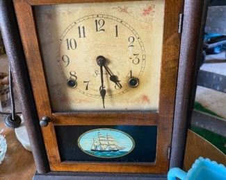 Antique Sessions mantle clock- great reverse painted ship