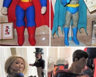 American girl Doll, Uncle Sam and Superman banks, Batman and Superman figurines/dolls
