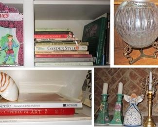 Home decor: sea shells, crystal rose bowls, candles and candle sticks, Jim Short, small number of books