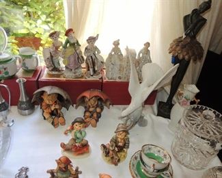 Silver plate and china serving.  Old Humel and Lladro figurines, old ceramic figurines, Ballerina bronze and Waterford 
