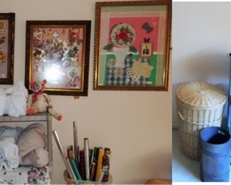Linens, large frames with memorabilia, storage containers. 