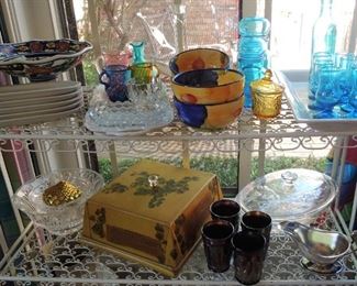Old cake plate, glass bowls, colorful glass