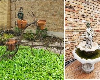 Large, cement water fountain.  Garden decor