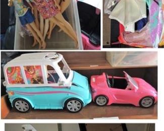Barbies, clothes, cars, camper and jet