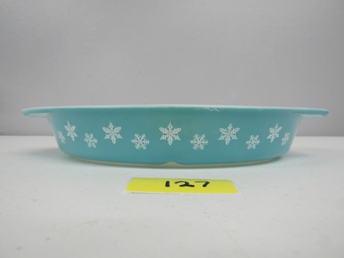 Vintage Pyrex aqua snowflake divided casserole dish