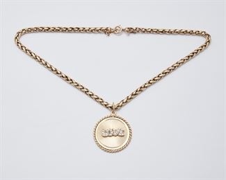2019
A Diamond "LOVE" Pendant Necklace
14k yellow gold
Suspending a round medallion topped with the word "LOVE" set with small single-cut diamonds, with detachable neck chain
14" L x 1.1" H
37 grams
2 pieces
Estimate: $800 - $1,200