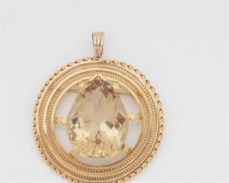 2020
A Large Smoky Quartz Pendant/Brooch
14k yellow gold
Centering a large pear-shaped smoky quartz gauged at approximately 62.00ct
2.85" L x 2.25" W
43.6 grams
Estimate: $1,000 - $1,500