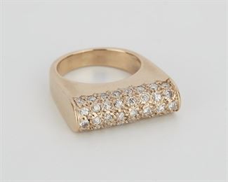 2023
A Pave Diamond Ring
18k yellow gold
Topped with pave set thirty-five full-cut round diamonds totaling approximately 0.20ct, and graded H-I color and SI clarity
Ring size 5.5
11.2 grams
Estimate: $700 - $900